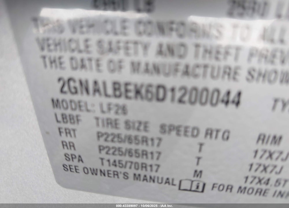 2013 CHEVROLET EQUINOX VIN: 2GNALBEK6D1200044