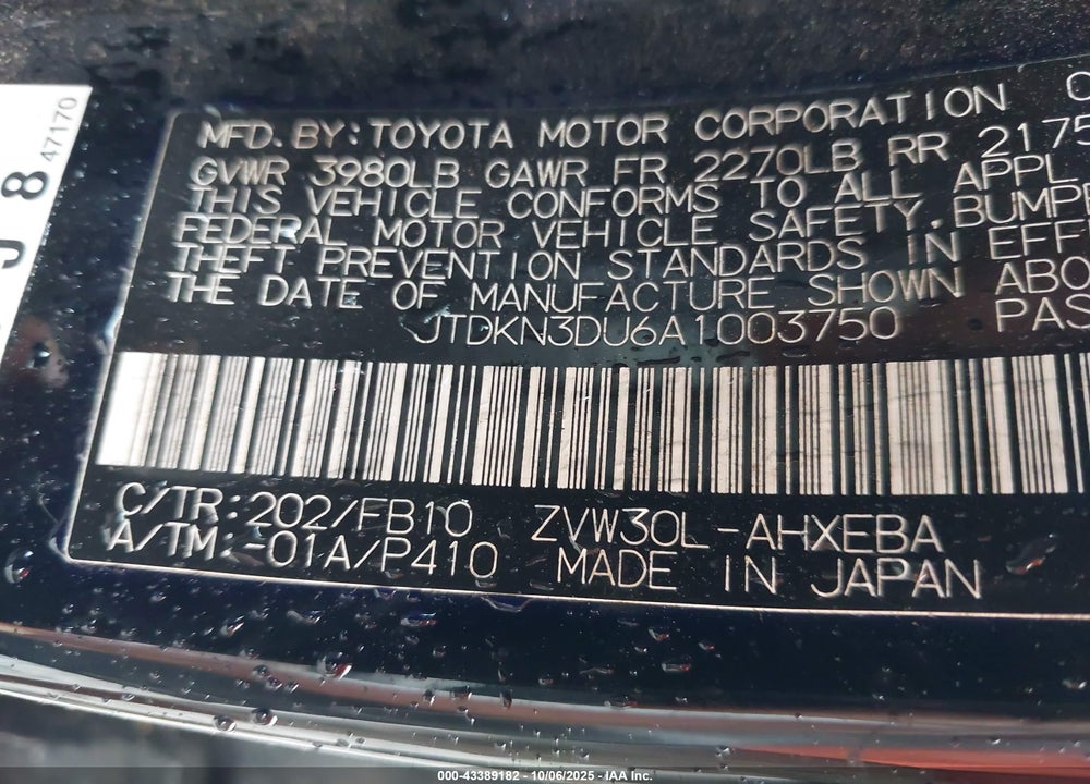 2010 TOYOTA PRIUS VIN: JTDKN3DU6A1003750