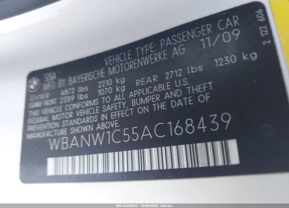 2010 BMW 5 SERIES VIN: WBANW1C55AC168439