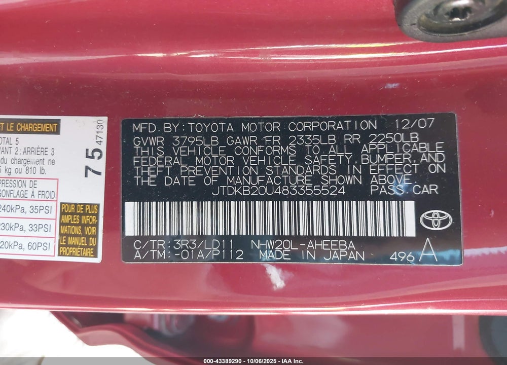 2008 TOYOTA PRIUS VIN: JTDKB20U483355524
