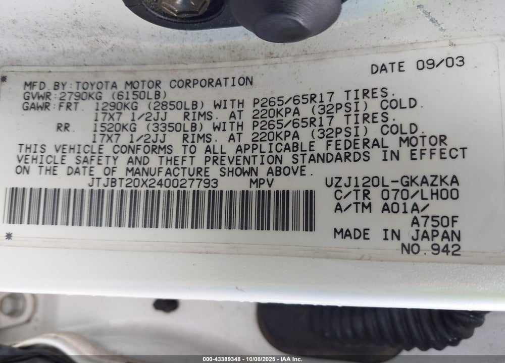2004 LEXUS GX 470 VIN: JTJBT20X240027793