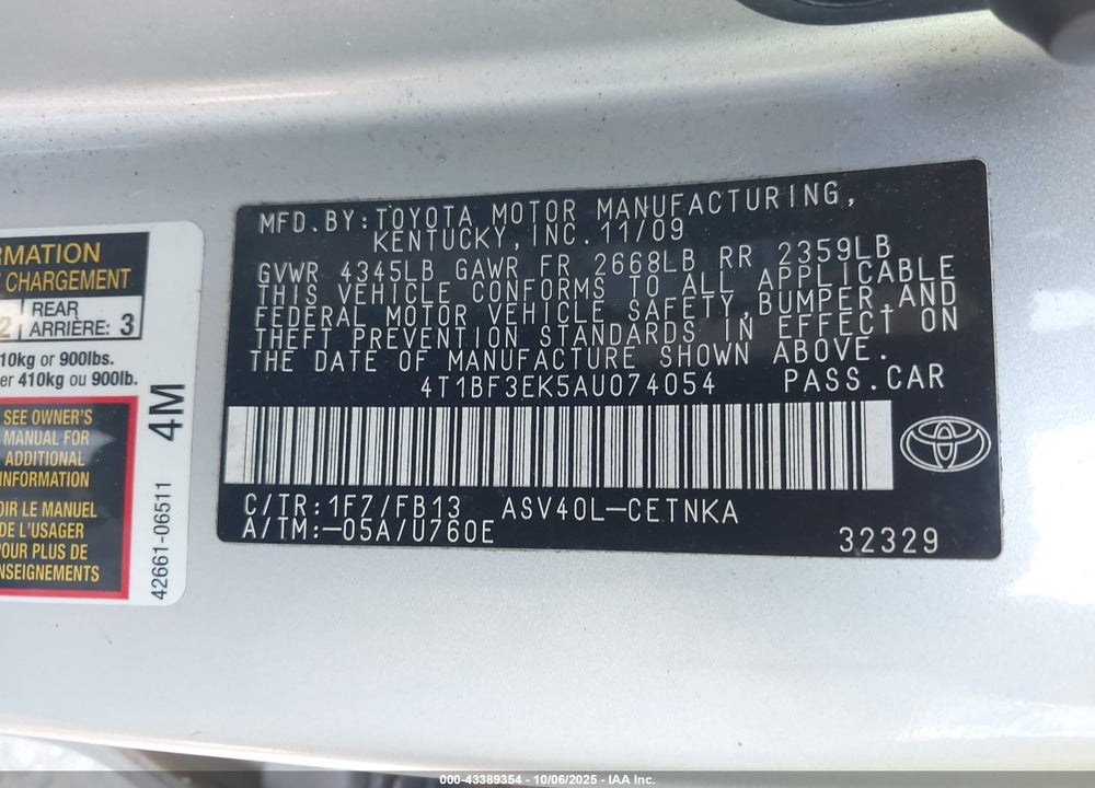 2010 TOYOTA CAMRY VIN: 4T1BF3EK5AU074054
