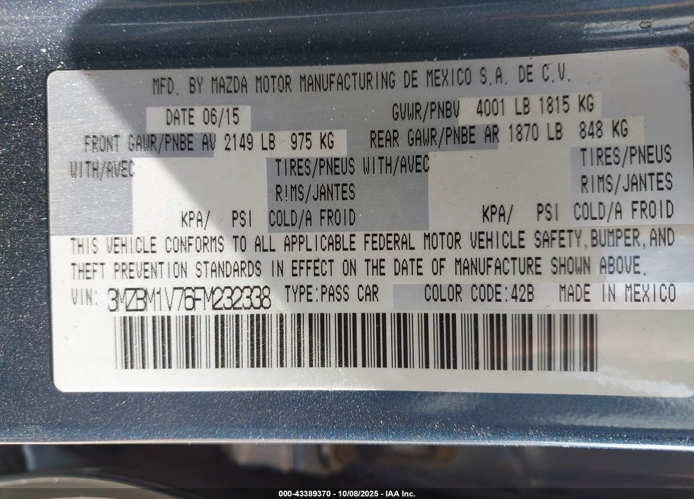 2015 MAZDA 3 I TOURING VIN: 3MZBM1V76FM232338