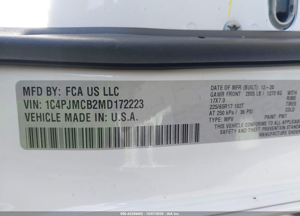 2021 JEEP CHEROKEE LATITUDE 4X4 VIN: 1C4PJMCB2MD172223