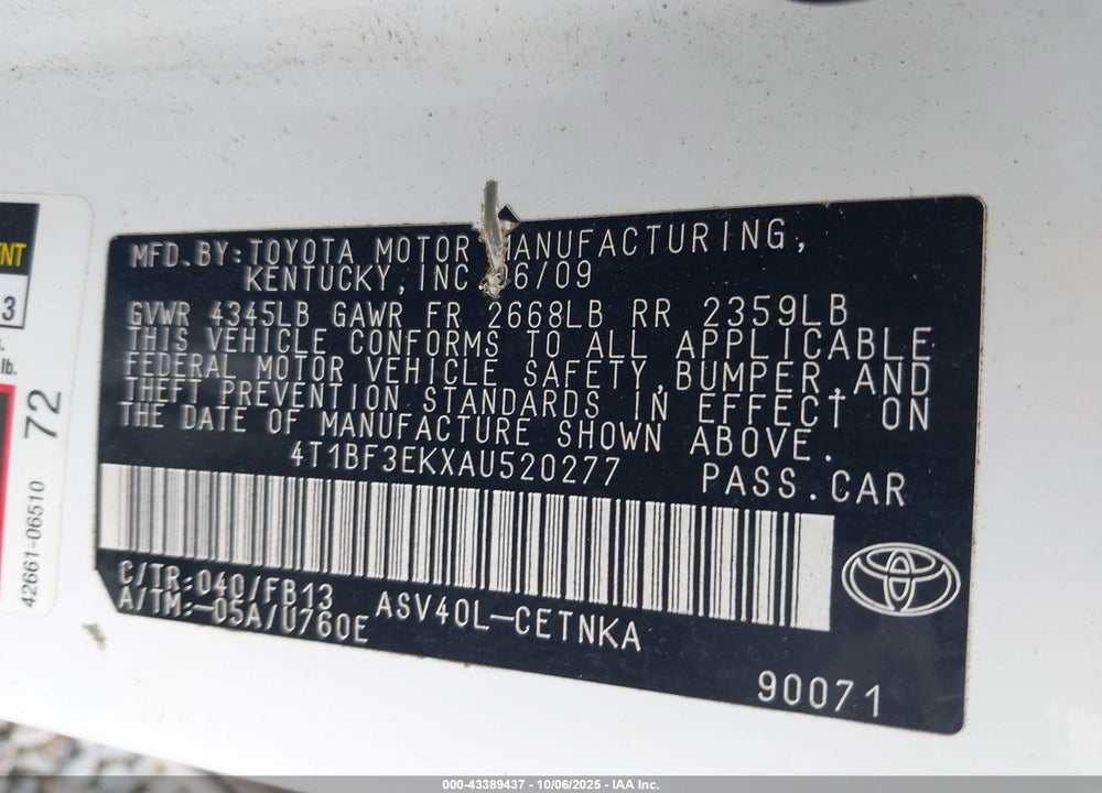 2010 TOYOTA CAMRY LE VIN: 4T1BF3EKXAU520277
