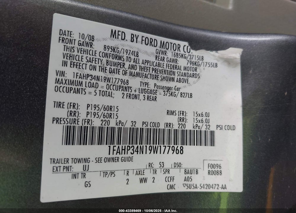 2009 FORD FOCUS VIN: 1FAHP34N19W177968