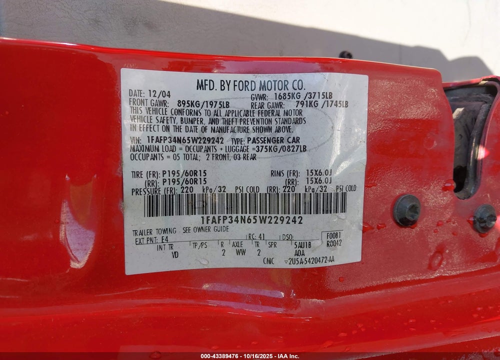 2005 FORD FOCUS ZX4 VIN: 1FAFP34N65W229242