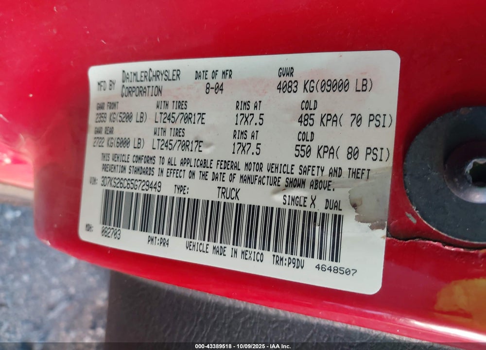 2005 DODGE RAM 2500 ST VIN: 3D7KS26C65G729449