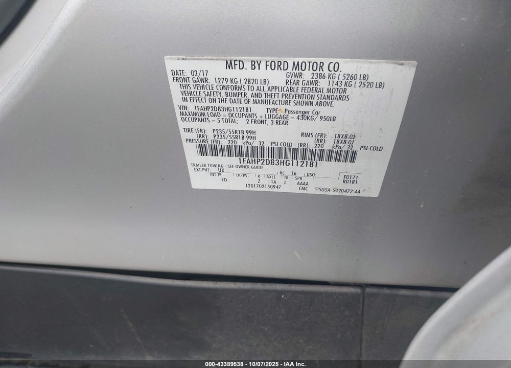 2017 FORD TAURUS VIN: 1FAHP2D83HG112181