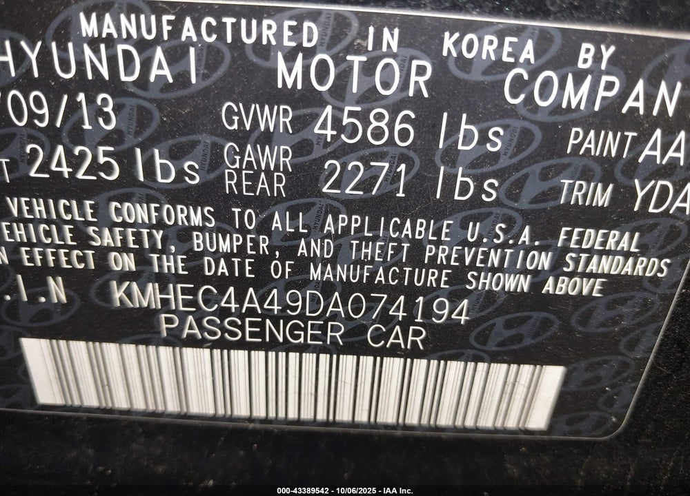 2013 HYUNDAI SONATA HYBRID VIN: KMHEC4A49DA074194