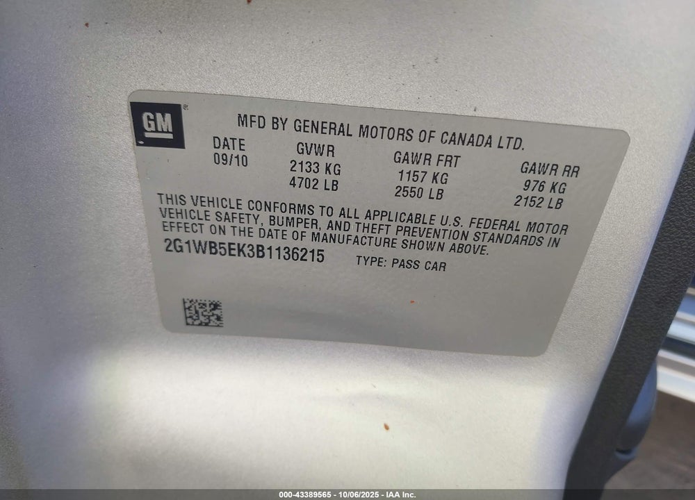2011 CHEVROLET IMPALA VIN: 2G1WB5EK3B1136215