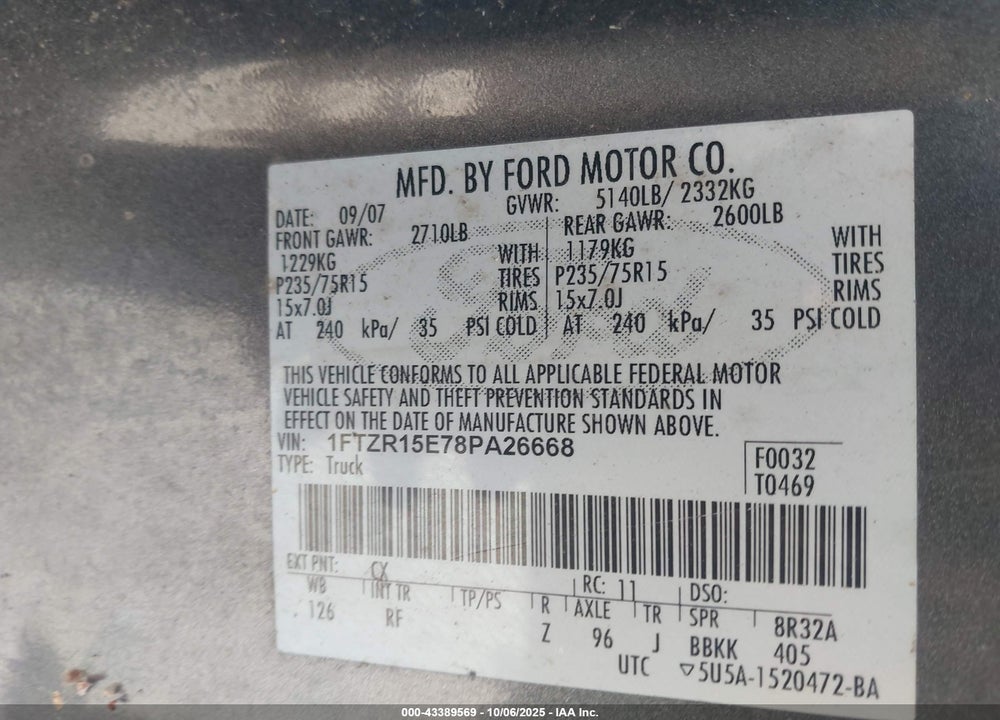 2008 FORD RANGER VIN: 1FTZR15E78PA26668