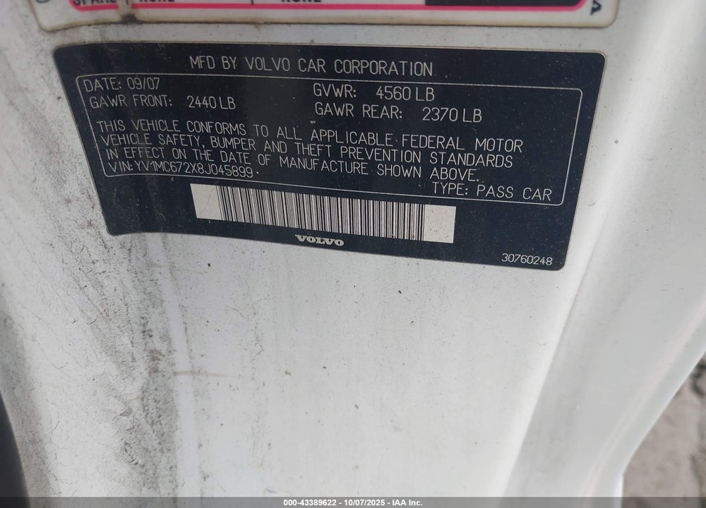 2008 VOLVO C70 T5 VIN: YV1MC672X8J045899