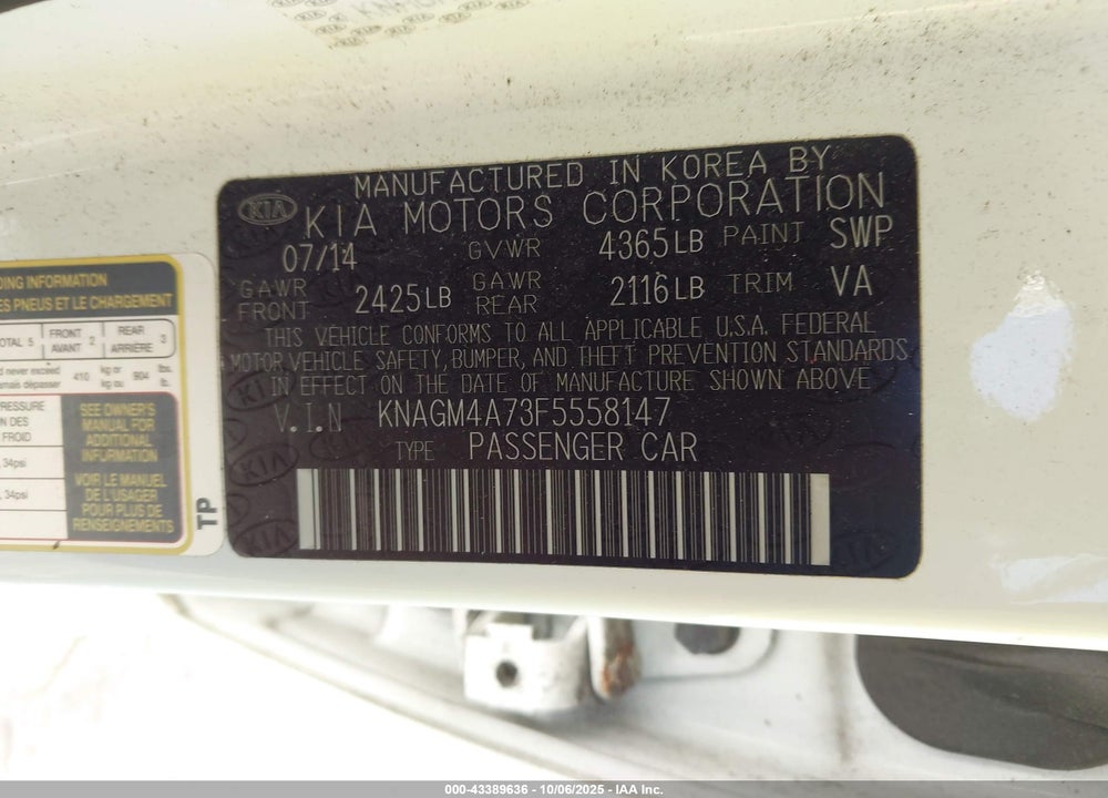 2015 KIA OPTIMA VIN: KNAGM4A73F5558147