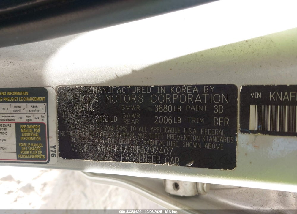 2015 KIA FORTE VIN: KNAFK4A68F5292407