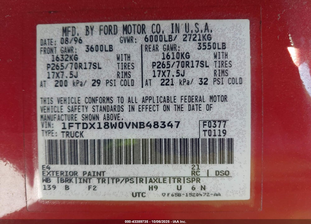 1997 FORD F-150 LARIAT/XL/XLT VIN: 1FTDX18W0VNB48347