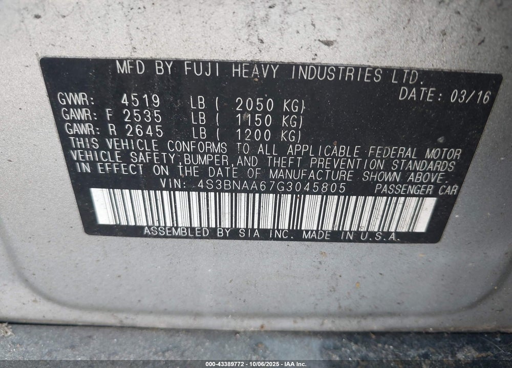 2016 SUBARU LEGACY VIN: 4S3BNAA67G3045805