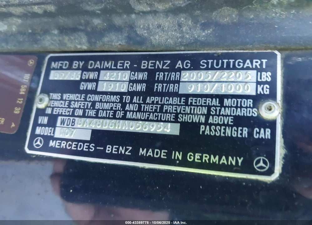 1987 MERCEDES-BENZ 560 SL VIN: WDBBA48D6HA056954