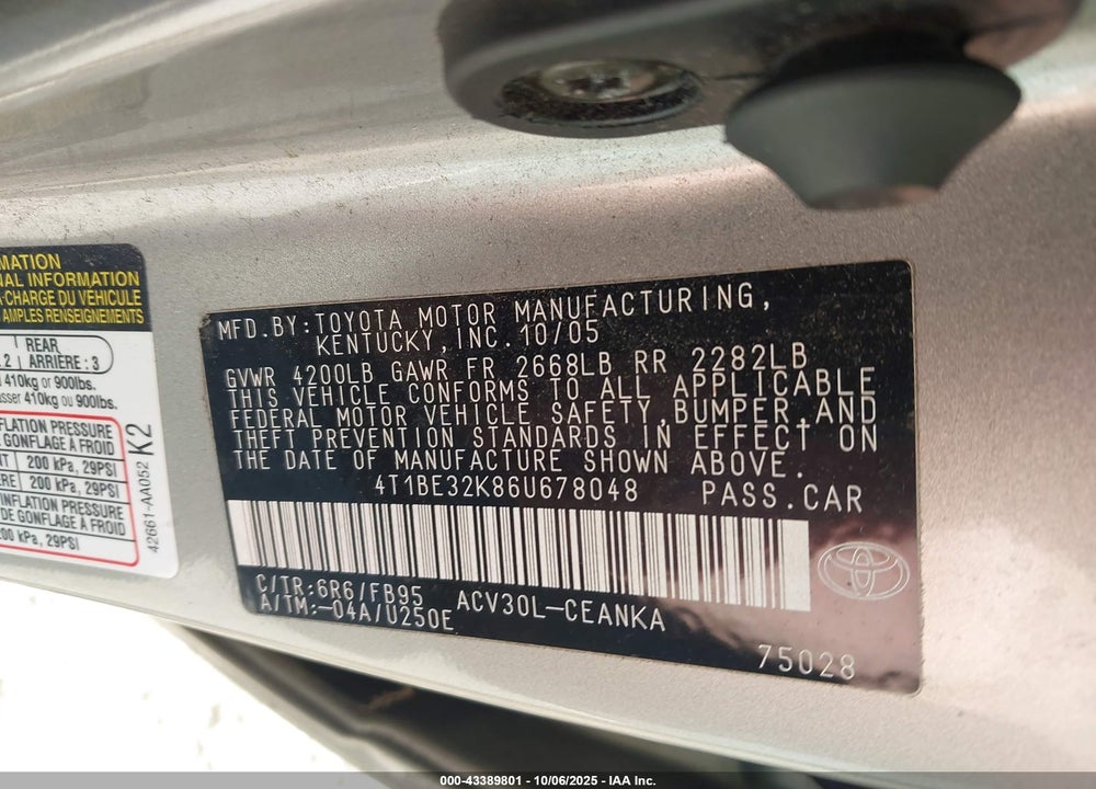 2006 TOYOTA CAMRY VIN: 4T1BE32K86U678048