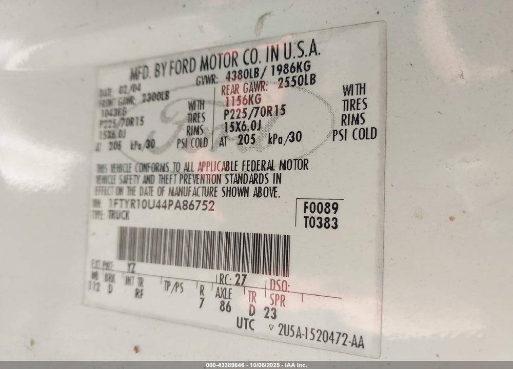 2004 FORD RANGER EDGE/XL/XLT VIN: 1FTYR10U44PA86752