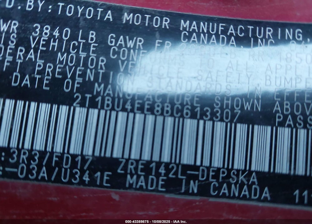 2011 TOYOTA COROLLA VIN: 2T1BU4EE8BC613307