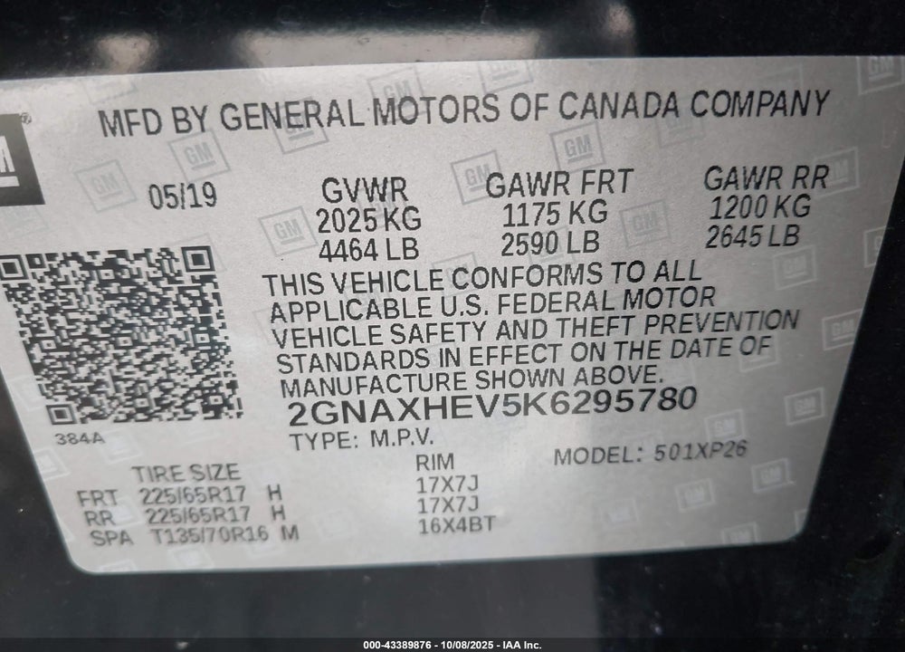 2019 CHEVROLET EQUINOX LS VIN: 2GNAXHEV5K6295780