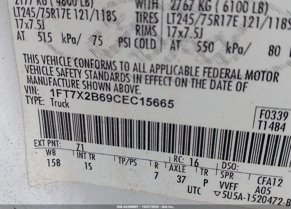 2012 FORD F-250 VIN: 1FT7X2B69CEC15665
