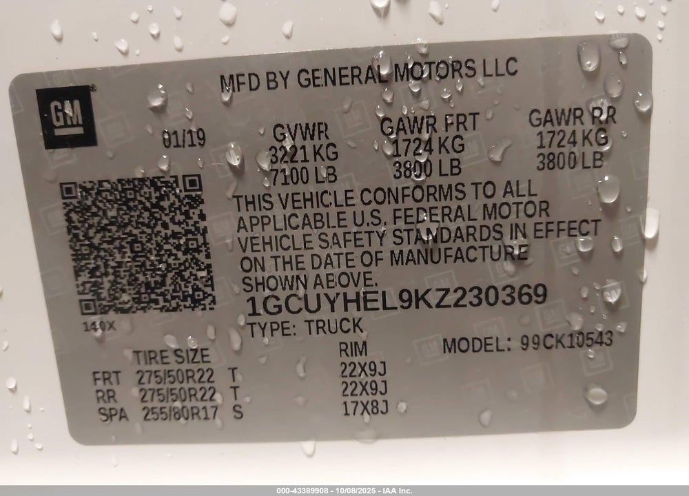 2019 CHEVROLET SILVERADO 1500 HIGH COUNTRY VIN: 1GCUYHEL9KZ230369