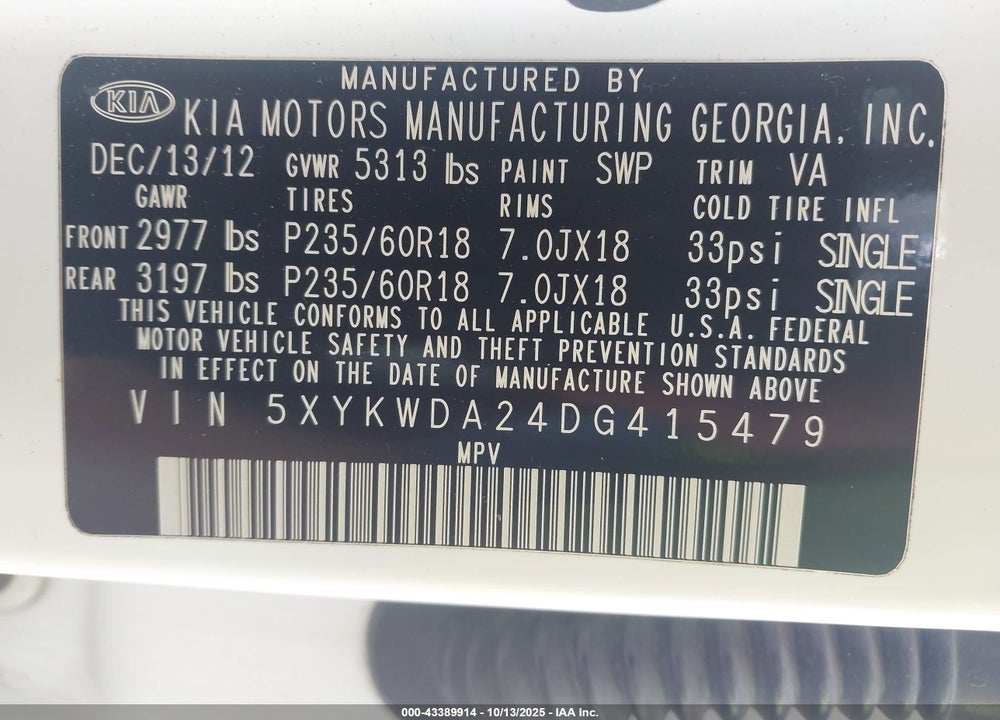 2013 KIA SORENTO SX V6 VIN: 5XYKWDA24DG415479