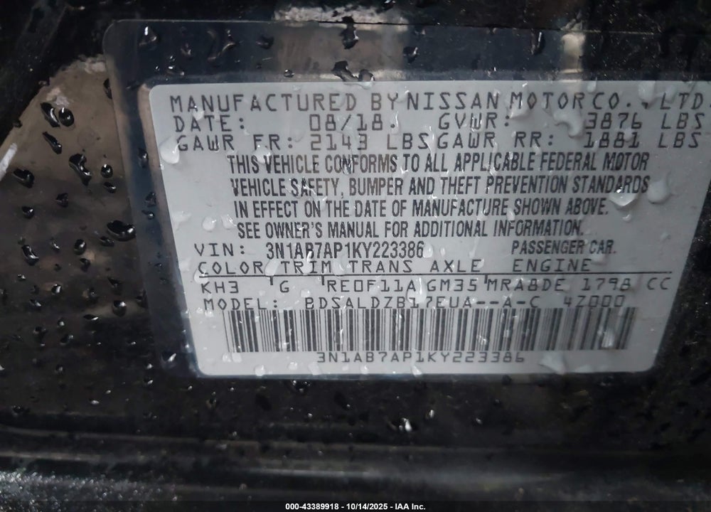 2019 NISSAN SENTRA SV VIN: 3N1AB7AP1KY223386