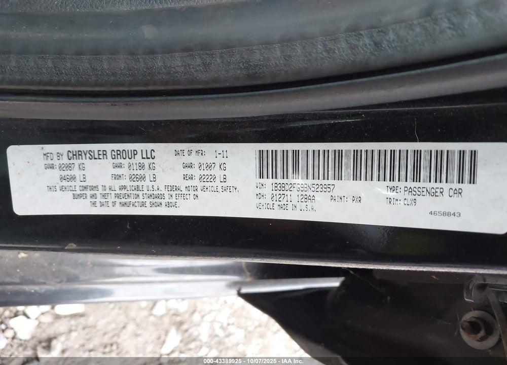 2011 DODGE AVENGER VIN: 1B3BD2FG9BN523957