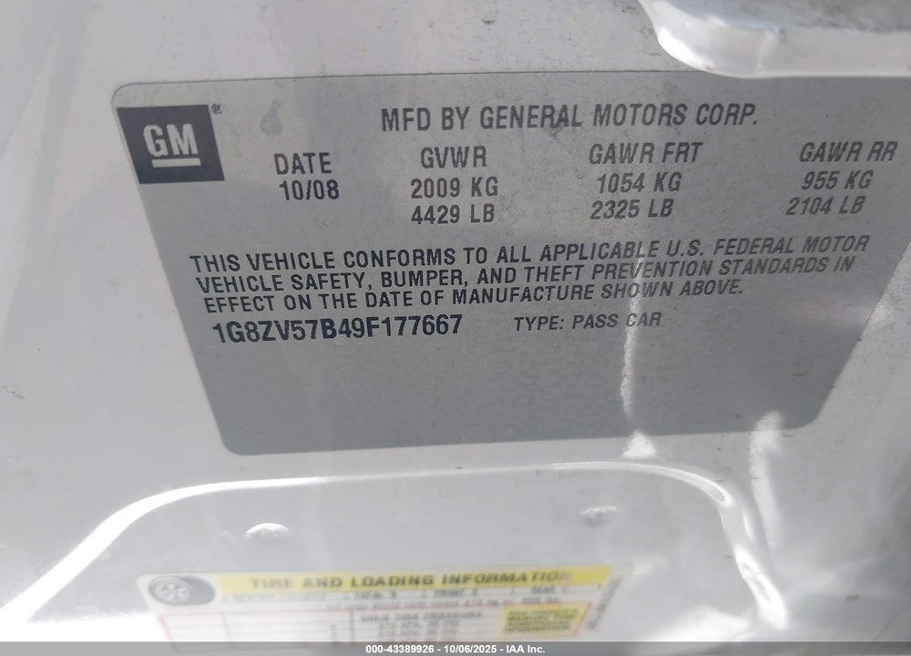 2009 SATURN AURA VIN: 1G8ZV57B49F177667