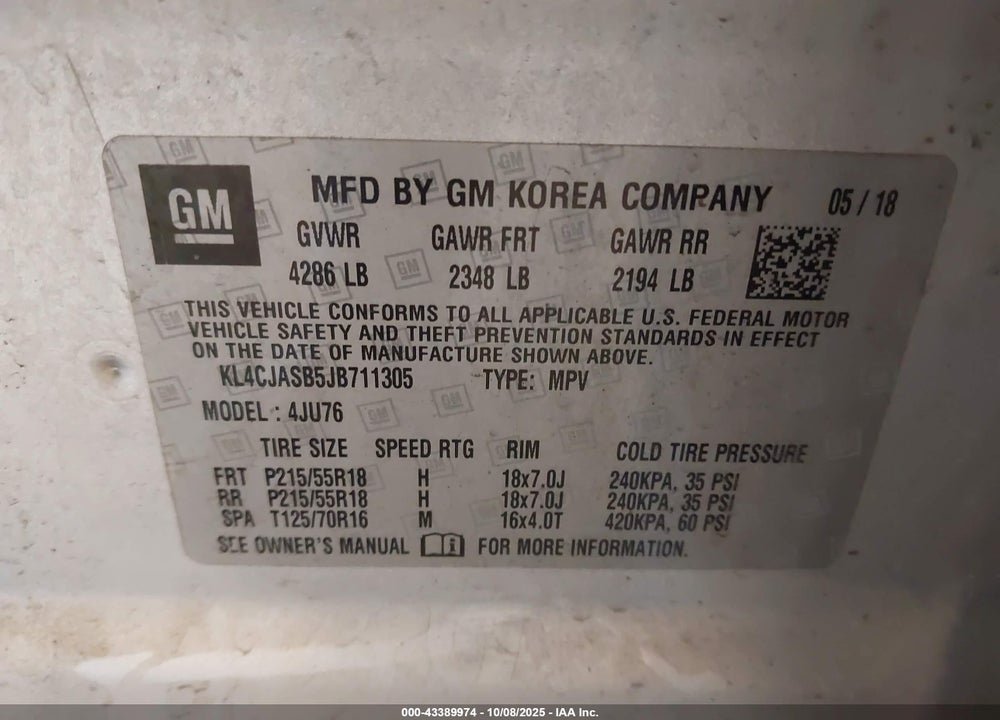 2018 BUICK ENCORE PREFERRED VIN: KL4CJASB5JB711305