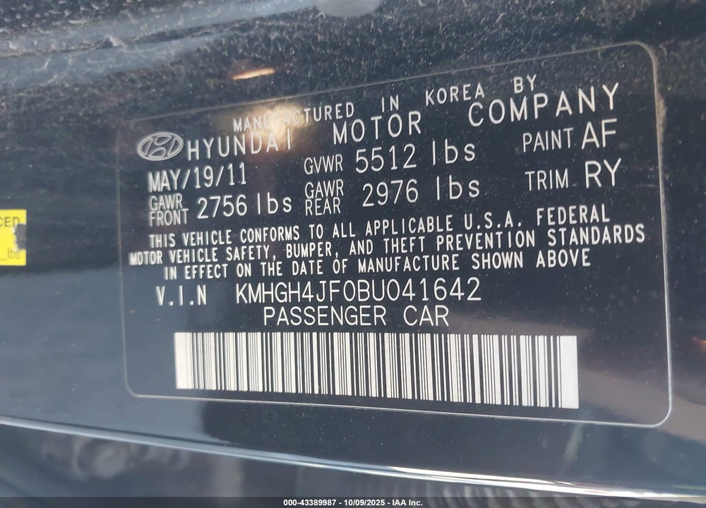 2011 HYUNDAI EQUUS VIN: KMHGH4JF0BU041642