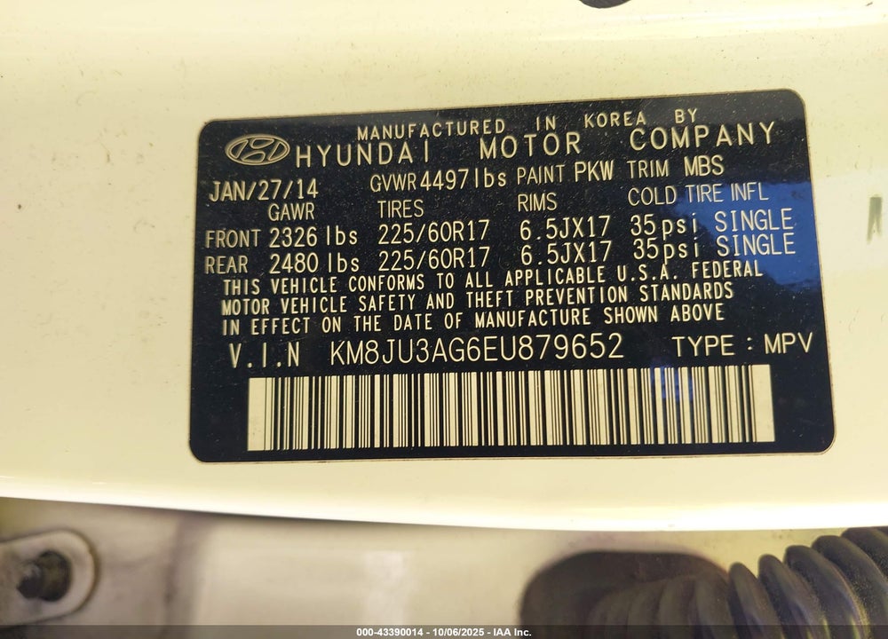 2014 HYUNDAI TUCSON VIN: KM8JU3AG6EU879652