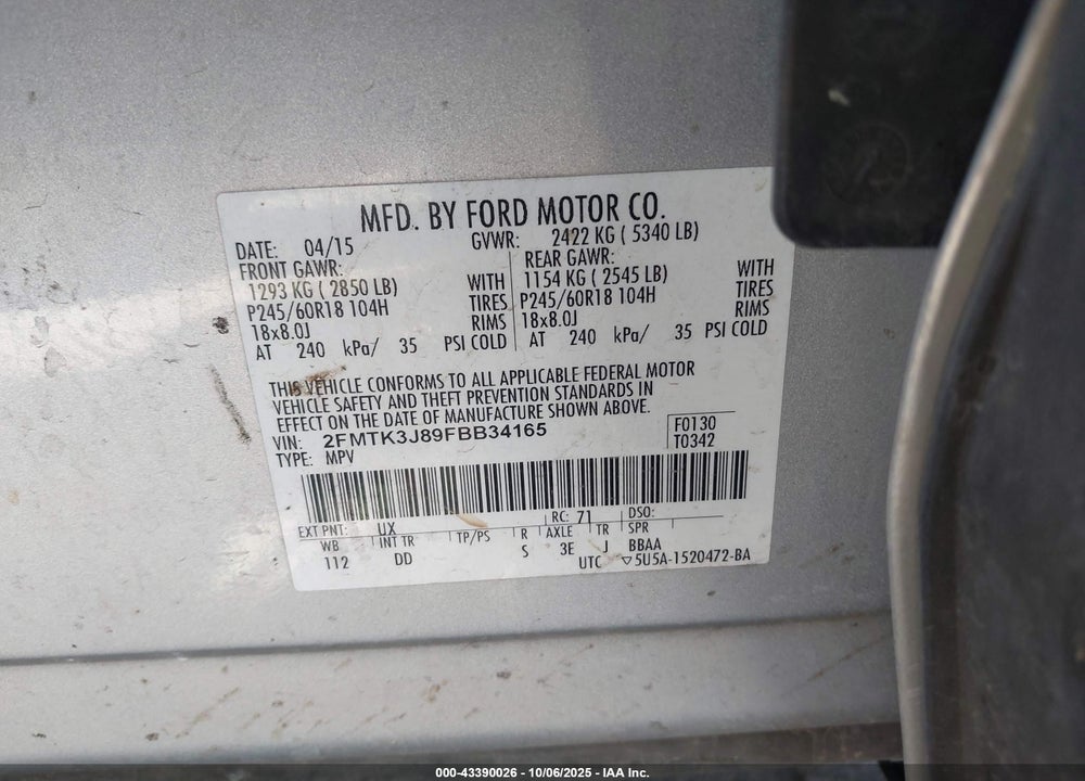 2015 FORD EDGE VIN: 2FMTK3J89FBB34165