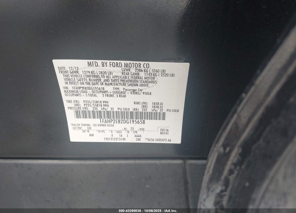 2013 FORD TAURUS SEL VIN: 1FAHP2E82DG195658