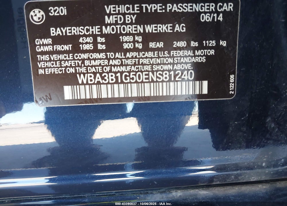 2014 BMW 3 SERIES VIN: WBA3B1G50ENS81240