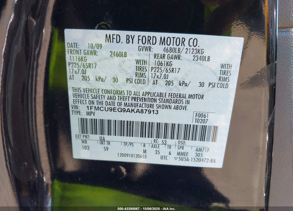 2010 FORD ESCAPE VIN: 1FMCU9EG9AKA87913