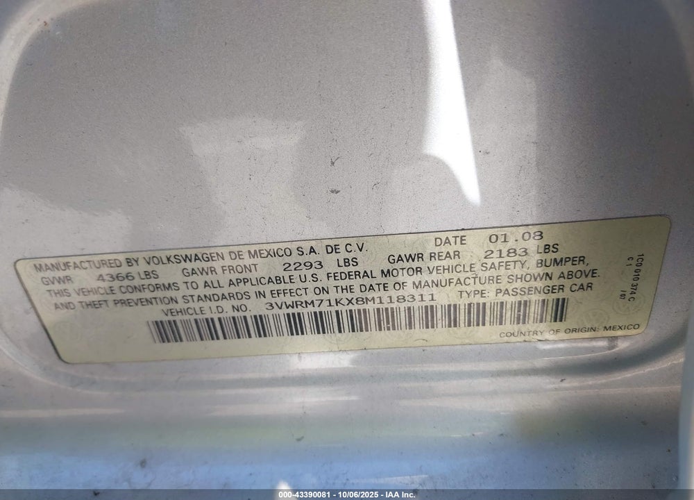 2008 VOLKSWAGEN JETTA SE VIN: 3VWRM71KX8M118311