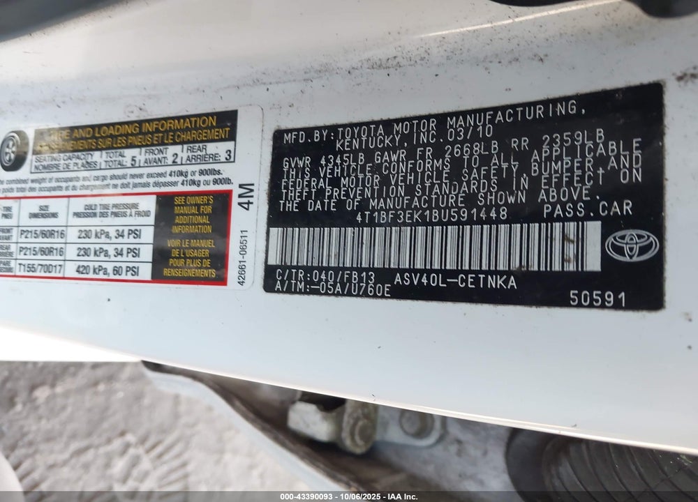 2011 TOYOTA CAMRY VIN: 4T1BF3EK1BU591448