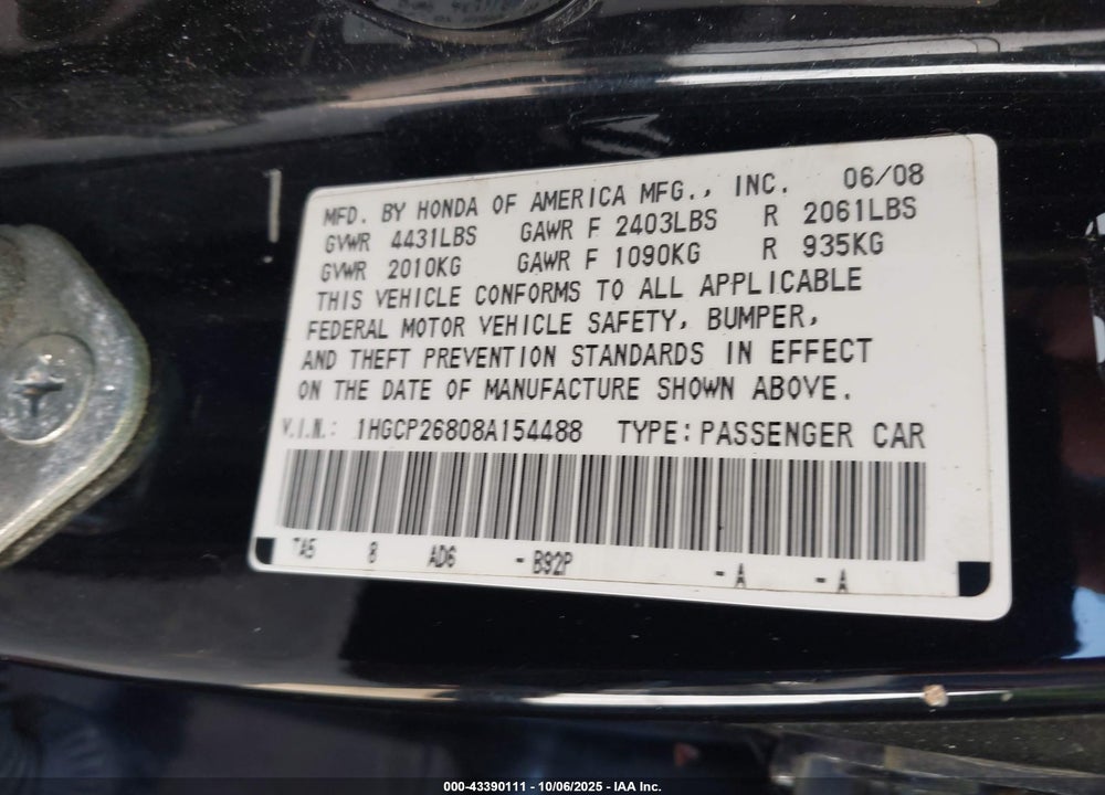 2008 HONDA ACCORD VIN: 1HGCP26808A154488