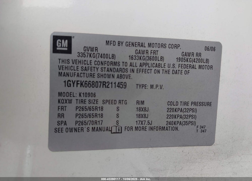 2007 CADILLAC ESCALADE ESV STANDARD VIN: 1GYFK66807R211459