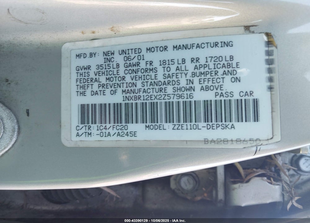 2002 TOYOTA COROLLA S VIN: 1NXBR12EX2Z579616