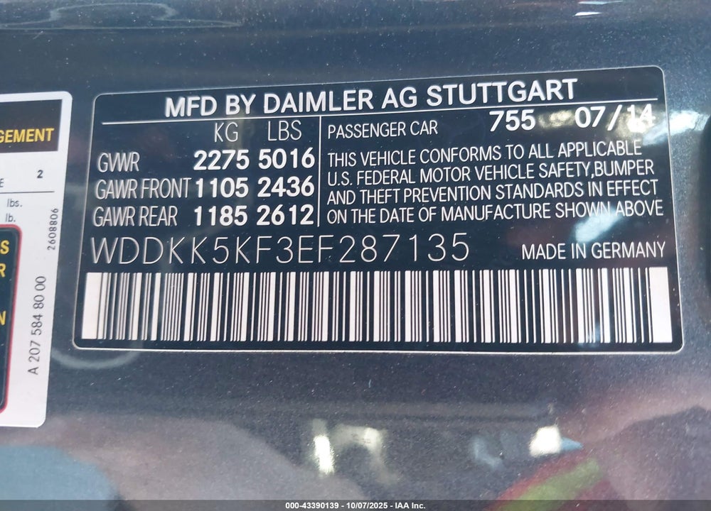 2014 MERCEDES-BENZ E-CLASS VIN: WDDKK5KF3EF287135