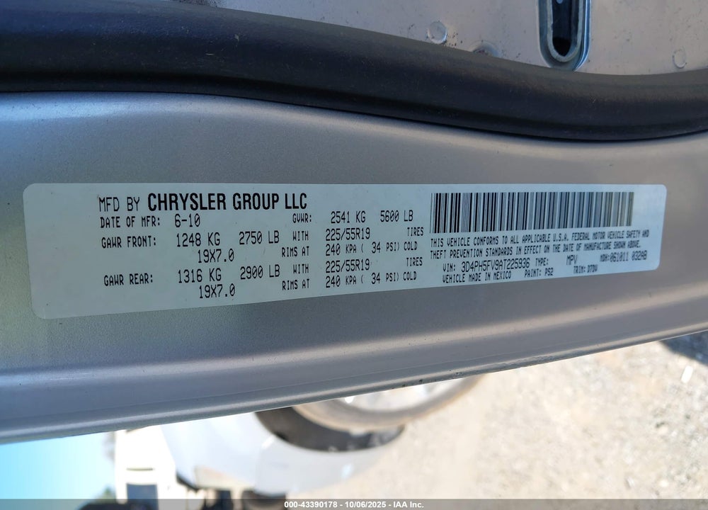 2010 DODGE JOURNEY VIN: 3D4PH5FV9AT225936