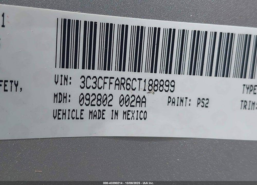 2012 FIAT 500 POP VIN: 3C3CFFAR6CT188899