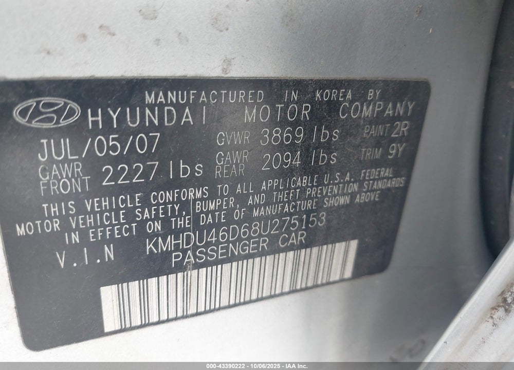 2008 HYUNDAI ELANTRA VIN: KMHDU46D68U275153