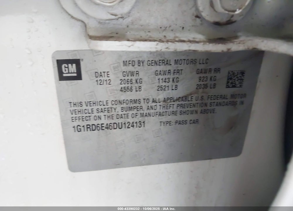 2013 CHEVROLET VOLT VIN: 1G1RD6E46DU124131