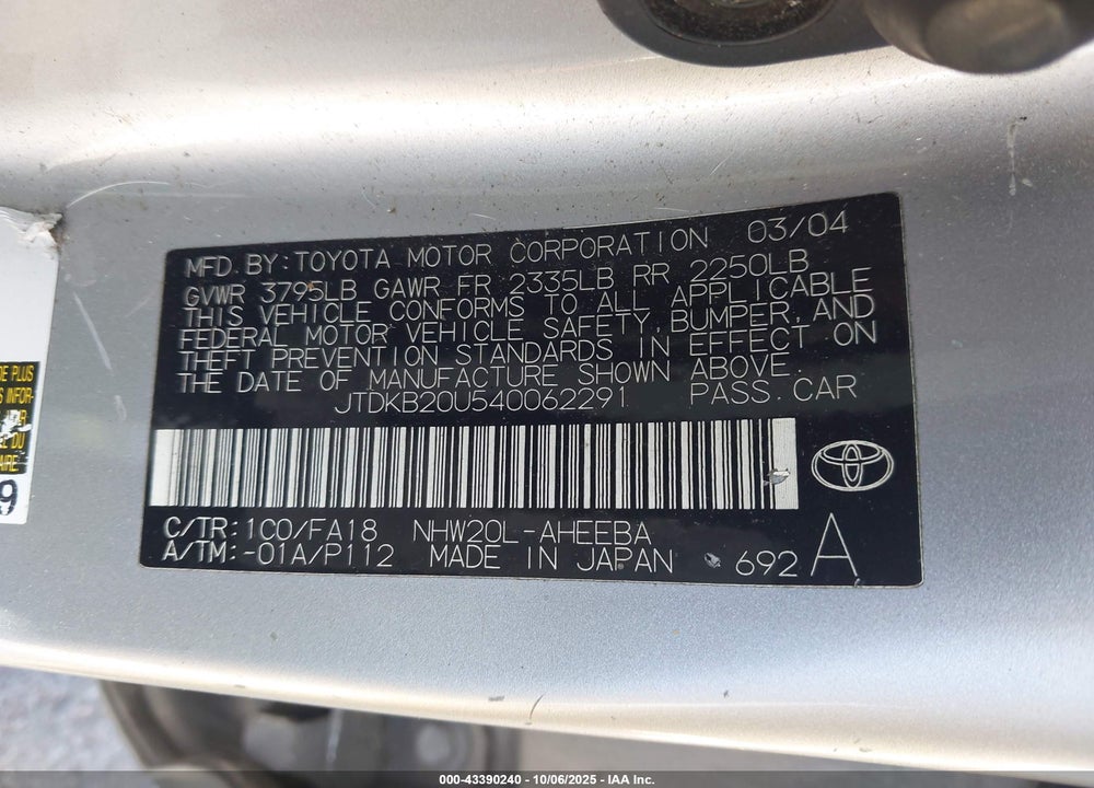 2004 TOYOTA PRIUS VIN: JTDKB20U540062291